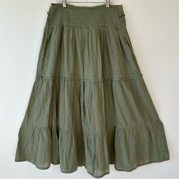 Aerie NWT Green Cotton Gauzy Tiered Skirt Smocked Waist Long Front Slit, size L - Picture 8 of 16
